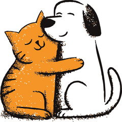 Cat and dog sketch hand drawn hugging with happy expressions — stock vector
