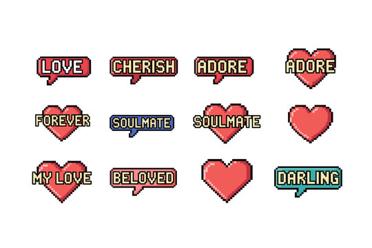 Pixel art heart speech bubbles with romantic expressions and love messages. Vector illustration