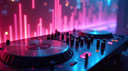 Vibrant synth pulses in cosmic soundscape, a close-up view showing a professional DJ setup with neon lights. Vibrant synth pulses create an atmosphere of electronic music,