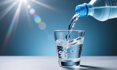 Dynamic pure water pouring from plastic bottle into clear glass, sparkling with bright light.