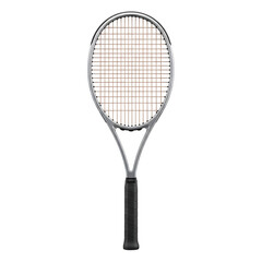 Silver and Tan Tennis Racquet with Black Grip, isolated on white or transparent background. PNG