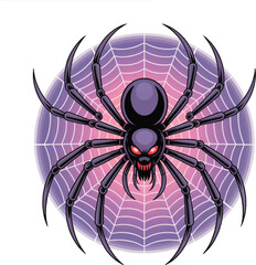 Menacing cartoon spider in web, purple and black, Halloween design element for t-shirts, posters, and spooky branding. (vector illustration)