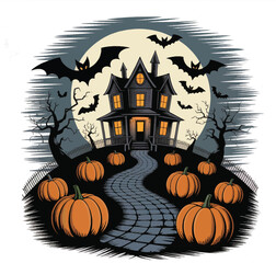 Spooky haunted house illustration with pumpkins, bats, and a full moon – perfect for Halloween designs and festive marketing.
