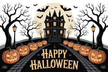 Spooky Halloween haunted house vector illustration with jack-o'-lanterns, bats, and eerie trees for festive cards, posters, and seasonal marketing.