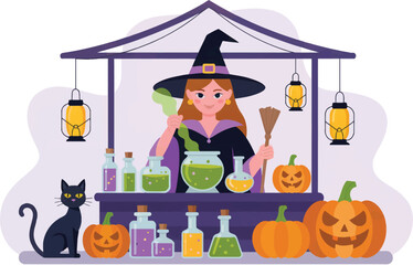 Charming Halloween witch brewing potions at a market stall, flat vector illustration for spooky season promotions and festive designs.