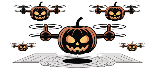 Halloween pumpkin drone swarm vector illustration, spooky orange and gray, for festive designs, events, and digital marketing.