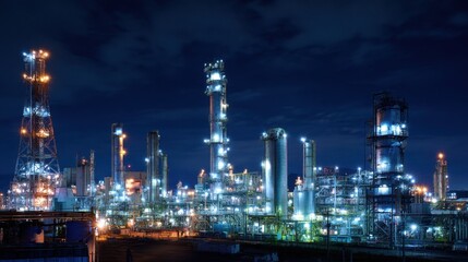 Fototapeta premium This scene features a bustling industrial area with shining structures and glowing lights creating a strong presence at night.