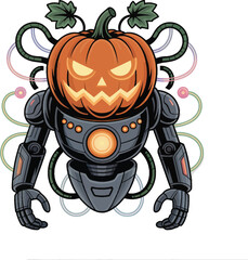 Futuristic Halloween robot with pumpkin head, glowing eyes, and metallic body – vector illustration for spooky tech designs.