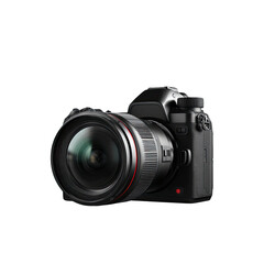 Naklejka premium Sleek, black mirrorless camera with a large, professional lens; red accent detail visible