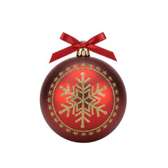 Matte Red Christmas Ball Ornament with Gold Glitter Snowflake and Star Pattern, Adorned with a Small Red Ribbon Bow