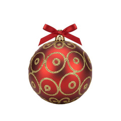 Red Christmas Ball Ornament with Matte Finish, Gold Glitter Swirl Pattern, and Small Satin Ribbon Bow