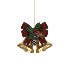 3D Golden Christmas Bells Ornament with Red Plaid Bow, Holly Berries, Pine Cones, and Cinnamon Stick