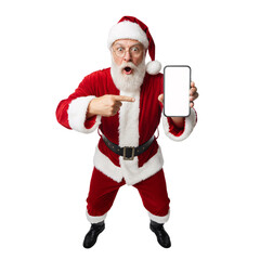 Surprised Santa Claus Pointing to a Vertical Smartphone with a Blank Screen