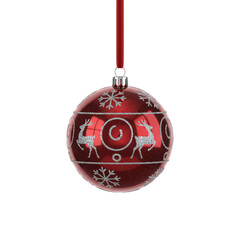 Hanging Red Glass Christmas Ornament Ball with Silver Glitter Reindeer and Snowflake Pattern