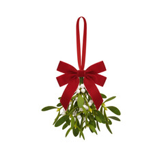 Hanging Mistletoe Bunch with White Berries, Green Leaves, and a Red Velvet Ribbon Bow