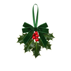 Hanging Christmas Holly Ornament with Glossy Green Leaves, Vibrant Red Berries, and a Dark Green Velvet Ribbon Bow