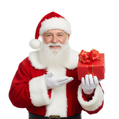 Smiling Santa Claus Holding and Presenting a Red Gift Box with Gold Ribbon