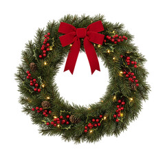 Traditional Christmas Wreath with Dark Green Pine Needles, Red Velvet Bow, Holly Berries, Pine Cones, and Warm Lights on