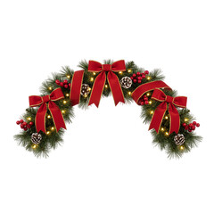 Arched Christmas Swag with Red Velvet Ribbon Bows, Pine Cones, Holly Berries, and Warm White Lights on