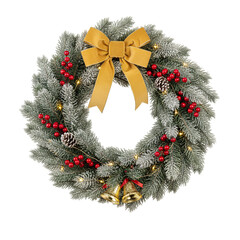 Flocked Christmas Wreath with Snowy Green Pine Needles, Gold Velvet Bow, Red Holly Berries, Jingle Bells, and Warm Lights