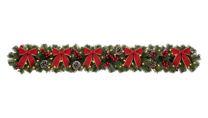 Christmas Garland Border with Red Velvet Bows, Pine Cones, Berries, and Warm Lights