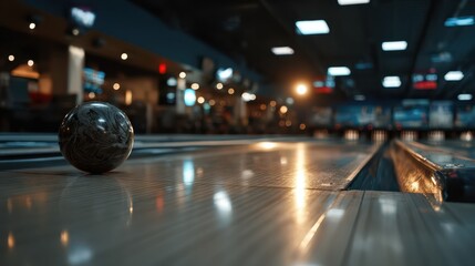 Close-up of bowling ball gliding along polished lane under warm lighting in modern bowling alley, capturing motion, energy, and anticipation of a perfect strike in indoor sports setting