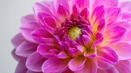 A stunning dahlia showcases vivid pink petals in full bloom revealing a captivating center.