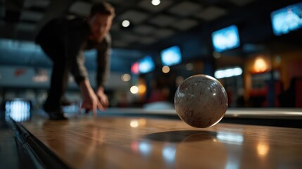 Focused man releasing bowling ball down polished lane in modern bowling alley, capturing motion, precision, and leisure atmosphere under bright lights and vibrant recreational setting
