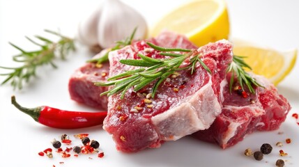 Fototapeta premium Juicy meat cuts placed on a bright surface with garlic lemon and herbs ready for cooking.