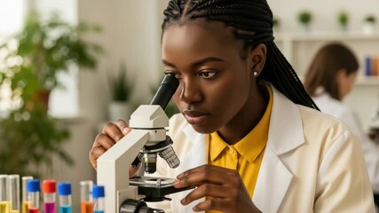 Focused african american scientist examining sample under microscope in laboratory with test tubes and colleague - Powered by Adobe
