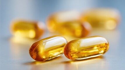 Golden soft gel capsules are beautifully arranged reflecting warm afternoon light on a table.