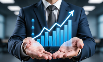 Businessman presenting holographic financial growth graph in hands, symbolizing success and data visualization.