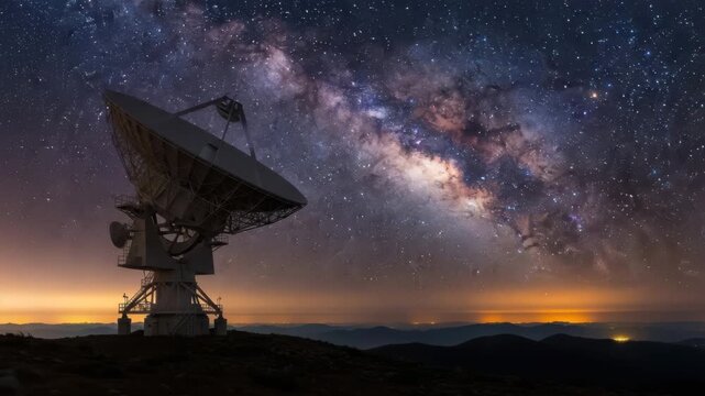 A radio telescope stands against the backdrop of the milky way in a starlit night sky