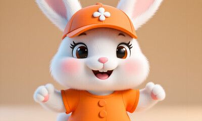 Adorable 3D White Fluffy Rabbit Cartoon Character Smiling in Orange Cap, Plain Background