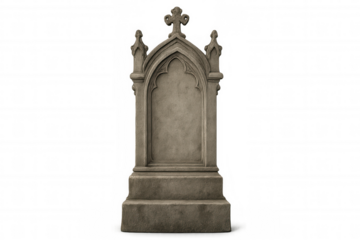 Grey stone gothic tombstone with a carved cross on top, symbolizing death, memory, and religious themes. Transparent background