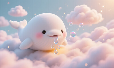 Cute smiling beluga whale character floating among dreamy pink clouds with magical bubbles
