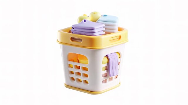 A colorful plastic laundry basket filled with various neatly arranged items, showcasing playful design.