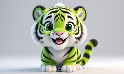 Adorable smiling green tiger cub character sitting happily on a clean white background