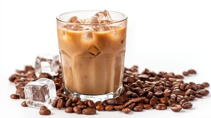 Cool glass of iced coffee surrounded by fresh coffee beans and ice perfect for warm afternoons.