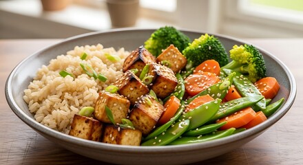 Delicious Tofu Stir-Fry Bowl with Rice and Vegetables.