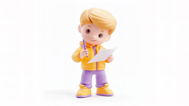 A cute 3D animated child character wearing a yellow hoodie and purple pants, holding a piece of paper with a happy expression.