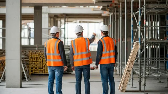 Construction workers inspecting building progress, wearing safety gear and assessing structural integrity on site