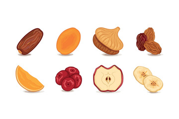 Assorted dried fruits on white background: dates, apricots, figs, raisins, apple, banana, cranberry