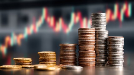 Coins of various metals are stacked in groups symbolizing financial progress against colorful charts.