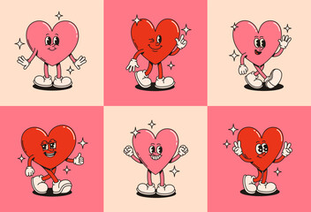 Groovy hearts characters in retro style. Valentine's Day elements. Flat vector illustration.