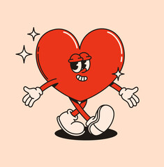 Groovy cute red heart character in retro style. Flat vector illustration.