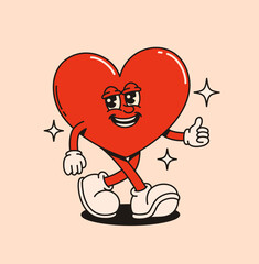 Groovy red heart character in retro style. Flat vector illustration.