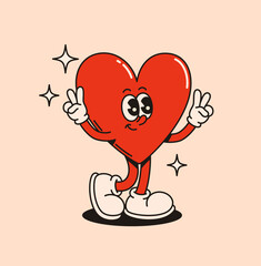 Groovy heart character in retro style. Flat vector illustration.