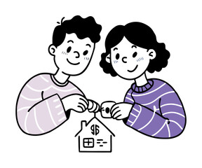 Cartoon Couple Saving for Dream Home Investment