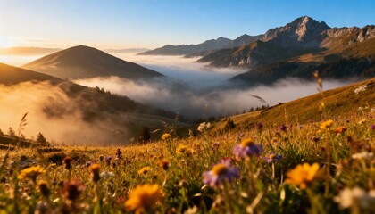Serene Sunrise Mountain Landscape with Mist and Wildflowers – Photo